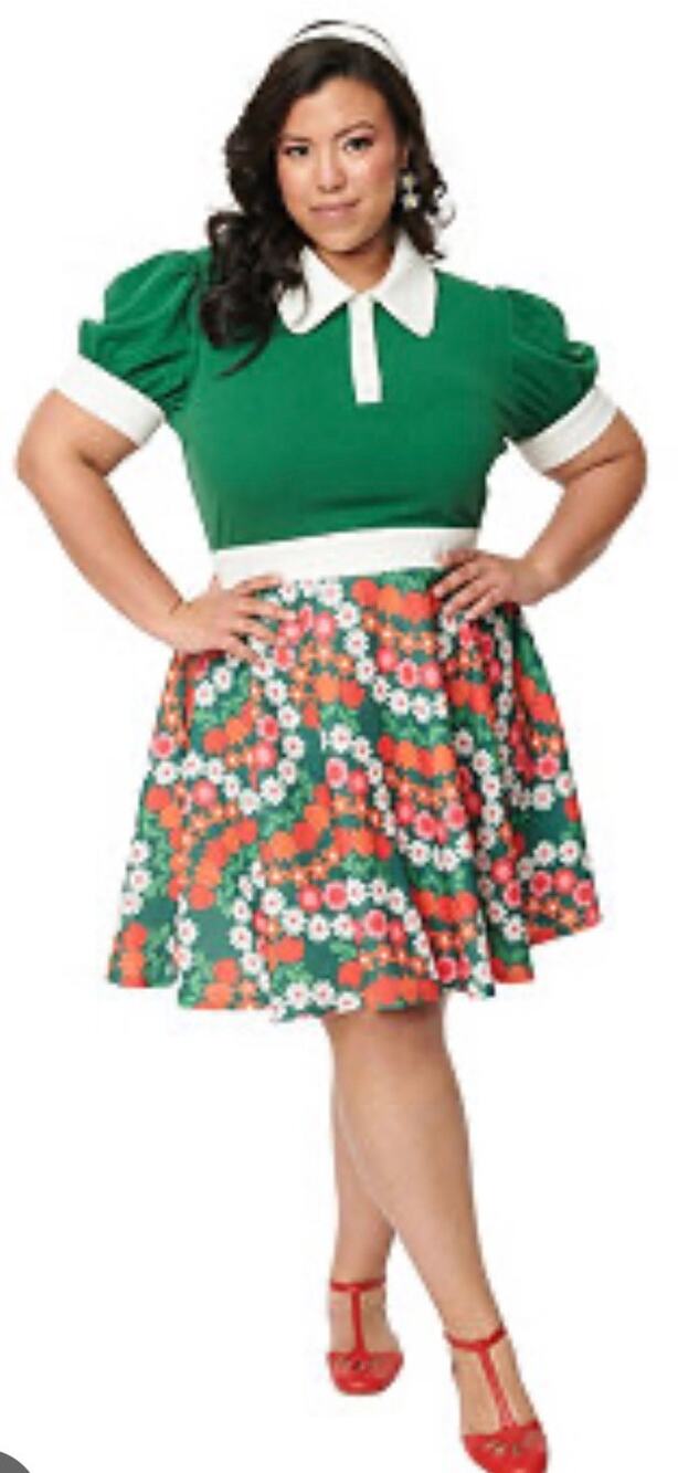 Smak Parlour Unique Vintage Green White Short Puff Sleeve Dress 4X NWOT